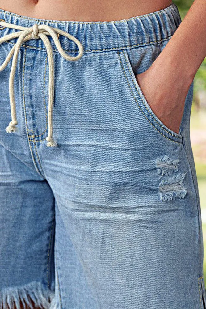 Raw Hem Ripped Split Detail Drawstring Mid Waist Denim Mid Thigh Shorts