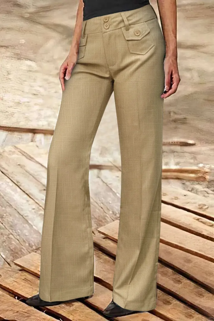 Solid Flap Pocket Button Up Mid Rise Straight Leg Pants