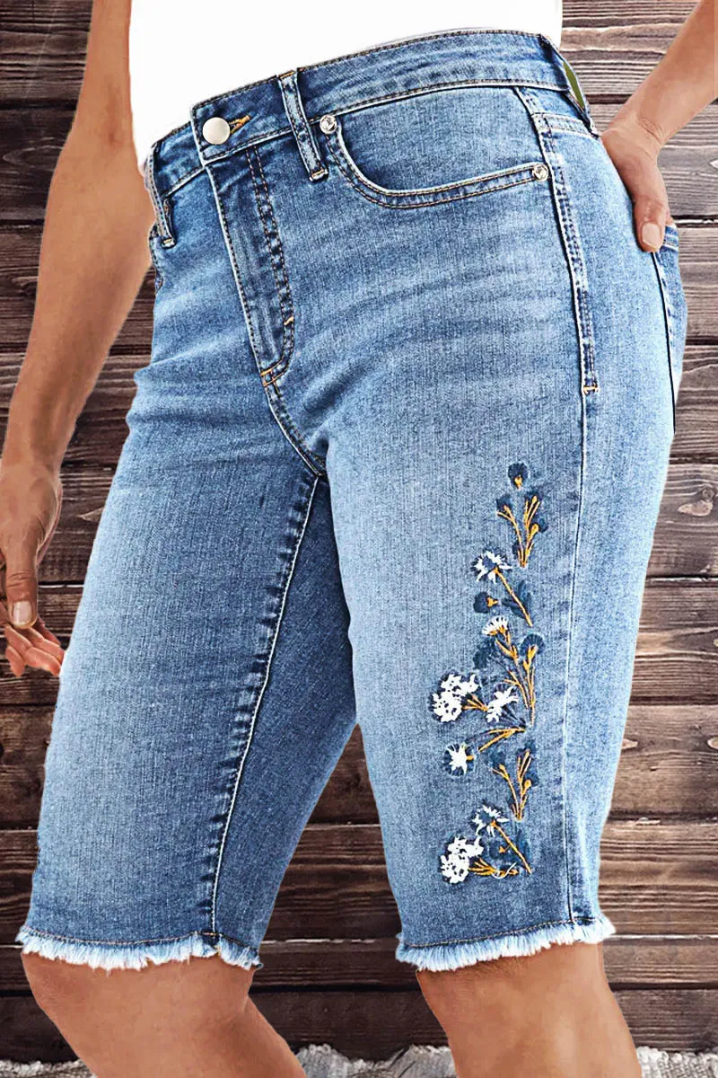 Floral Embroidery Raw Hem Mid Rise Denim Bermuda Shorts