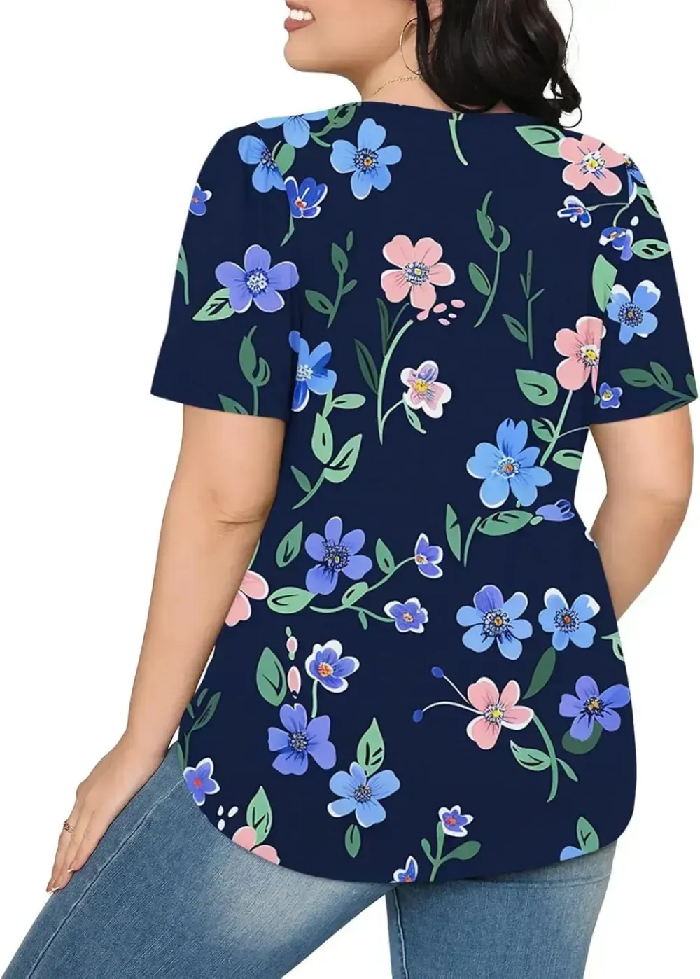 Womens Summer Pleated Front Shirts Tunics Casual Short Sleeved Loose Round Neck Boho Printed Tops Vacation Blouse