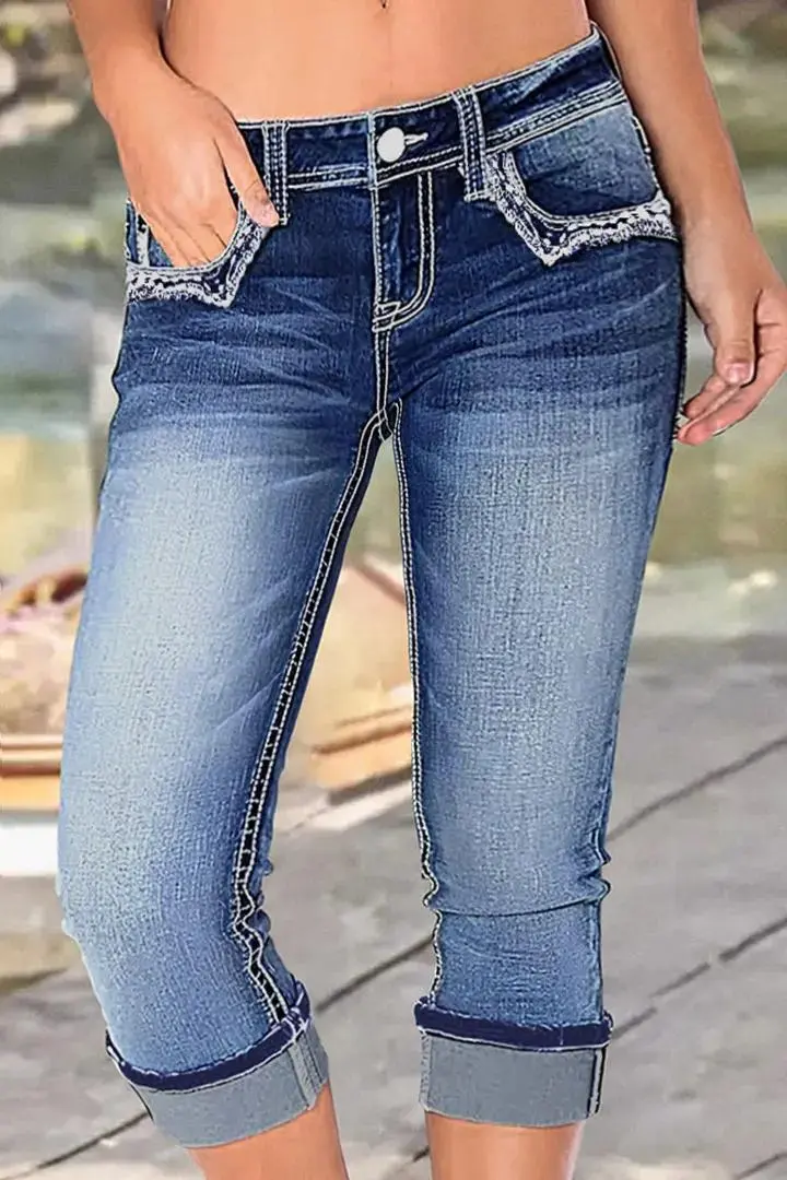 Embroidery Roll Hem Wash High Stretch Low Rise Capri Jeans