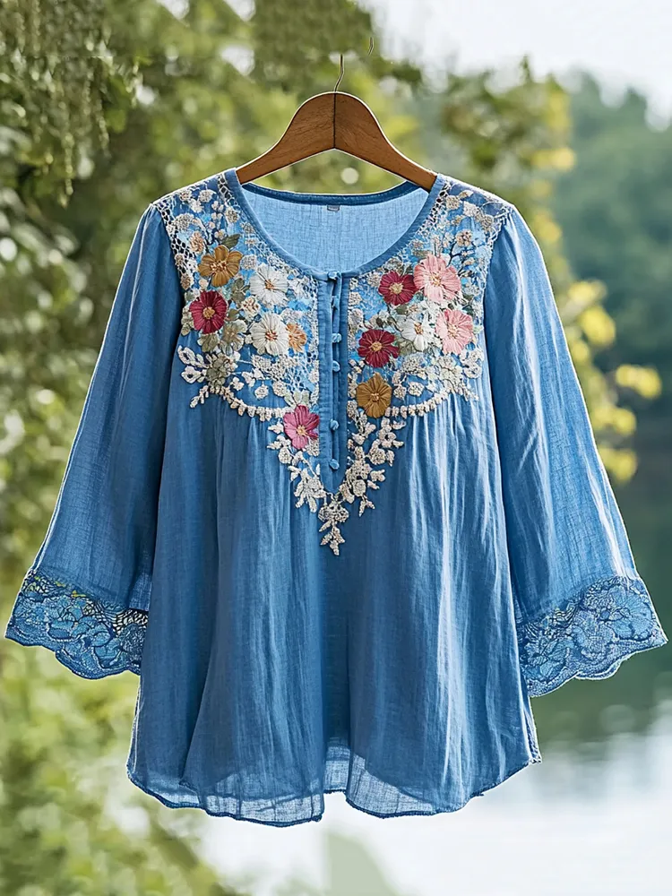Women's Lace Cut-out Floral Button Linen Shirt