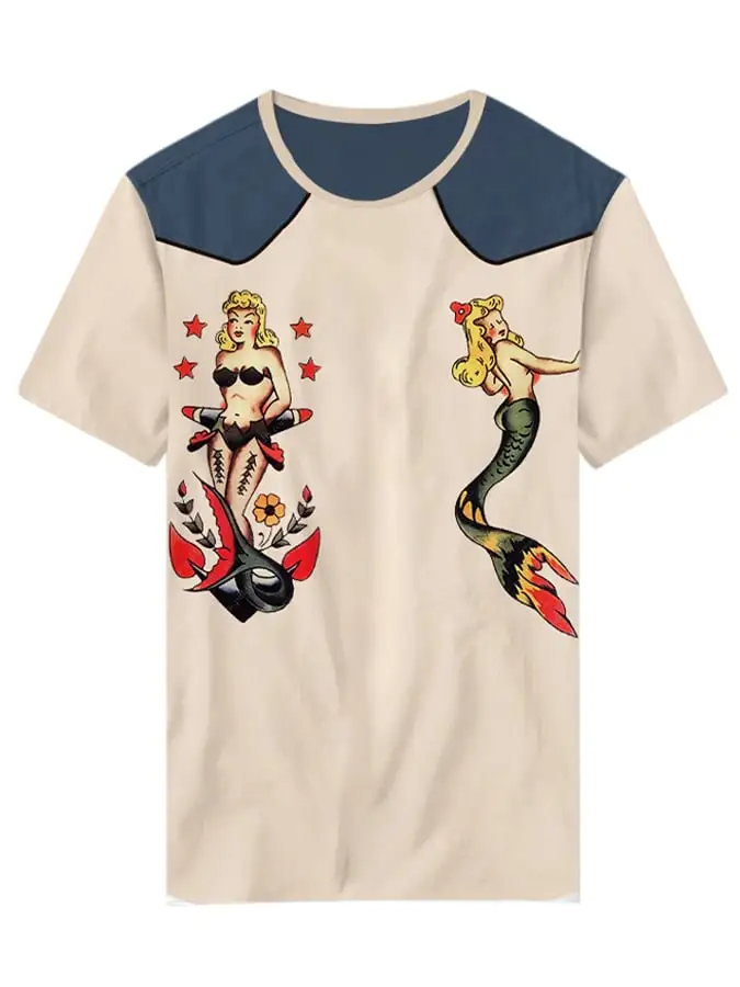 Women's Retro Western Style  Mermaid Printed Casual T-Shirt