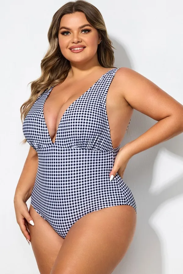Gingham V-neck Low-cut Leg One Piece Swimsuit