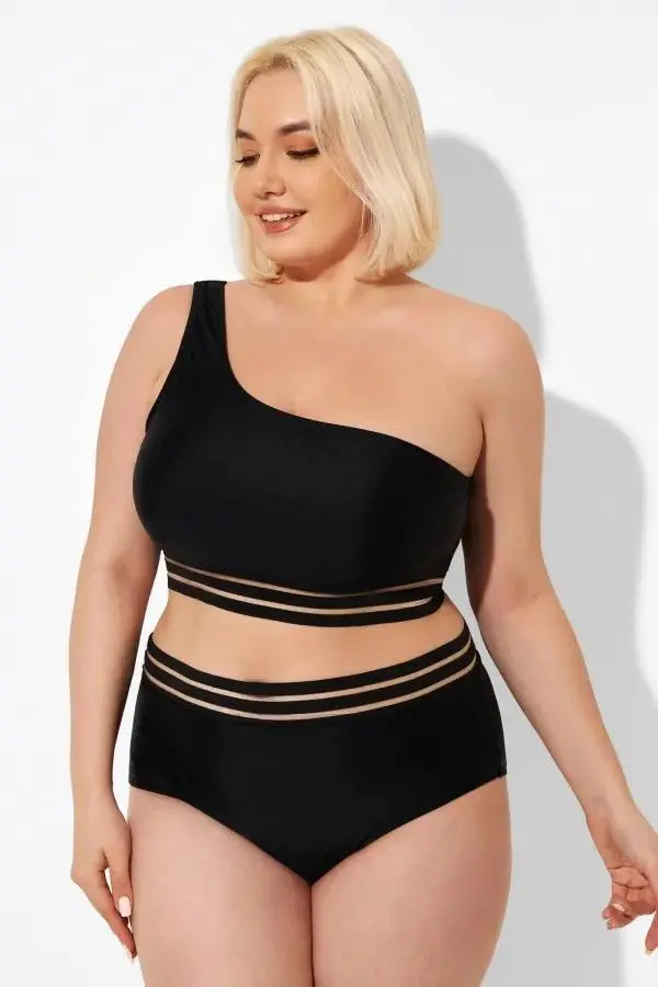 Black Mesh One Shoulder  Backless Bikini Top
