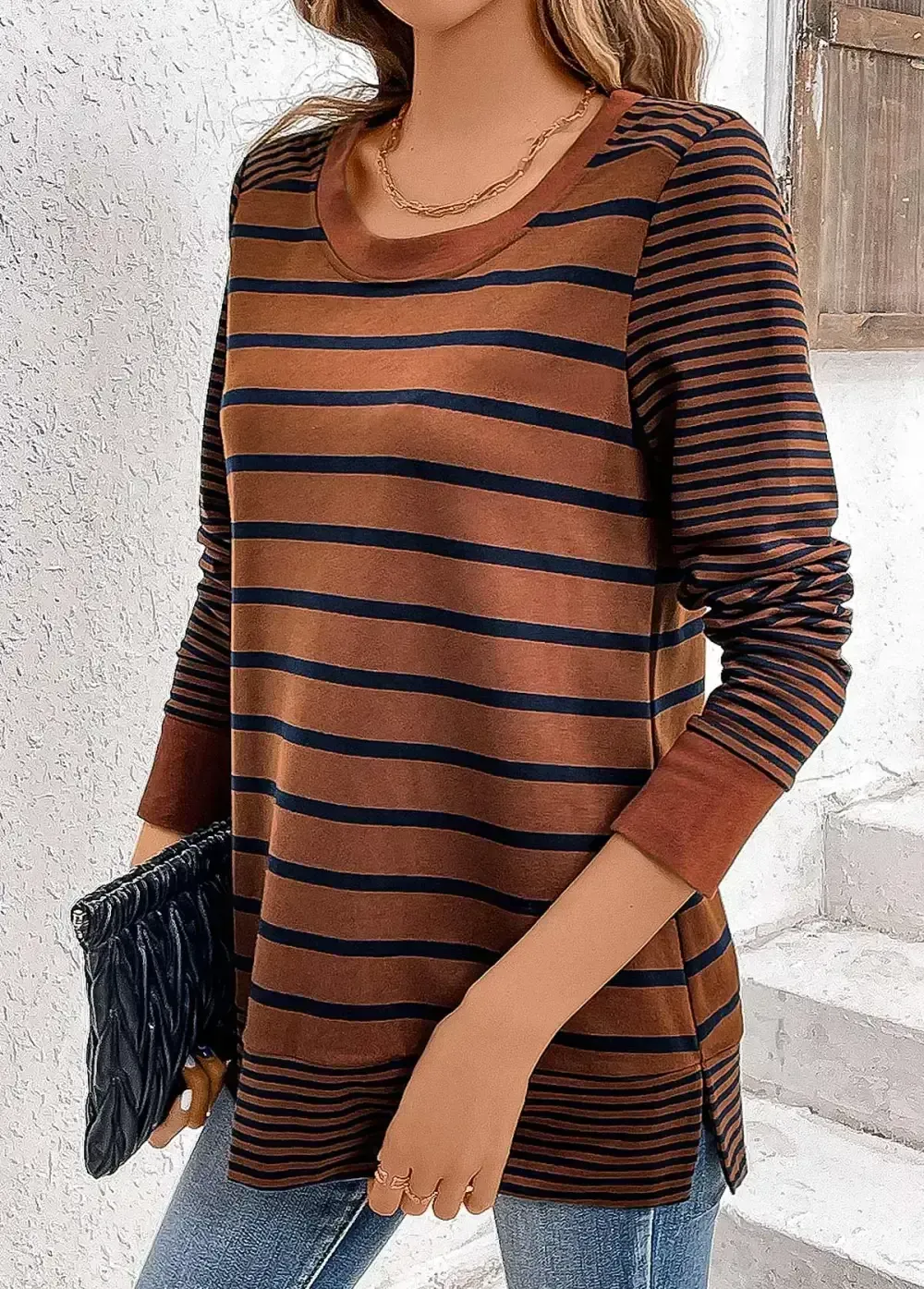 Dark Coffee Patchwork Striped Long Sleeve T Shirt
