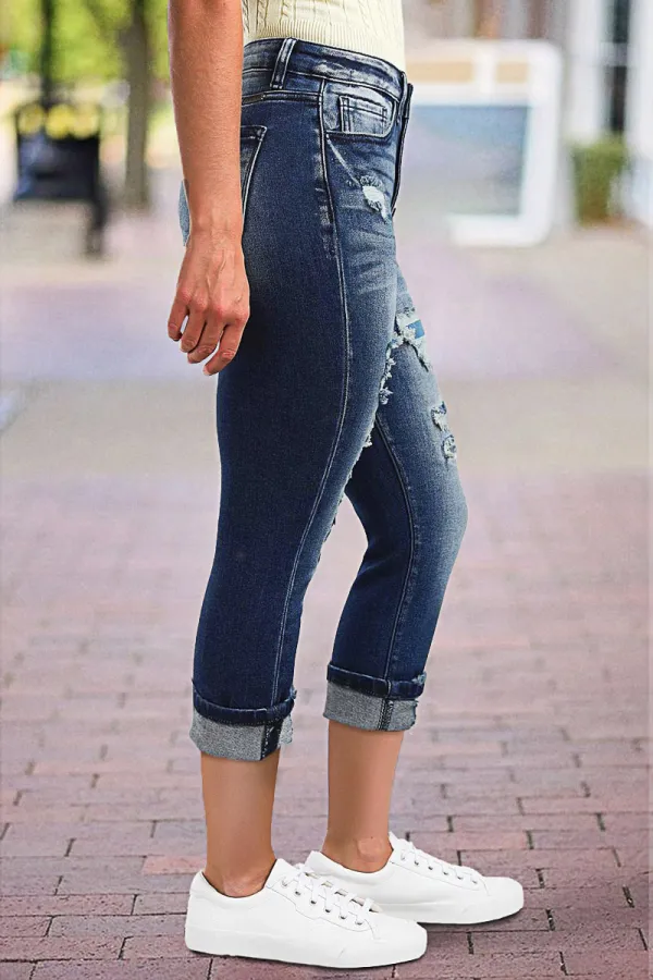 Cut Out Button Fly Roll Hem High Waist Capri Jeans