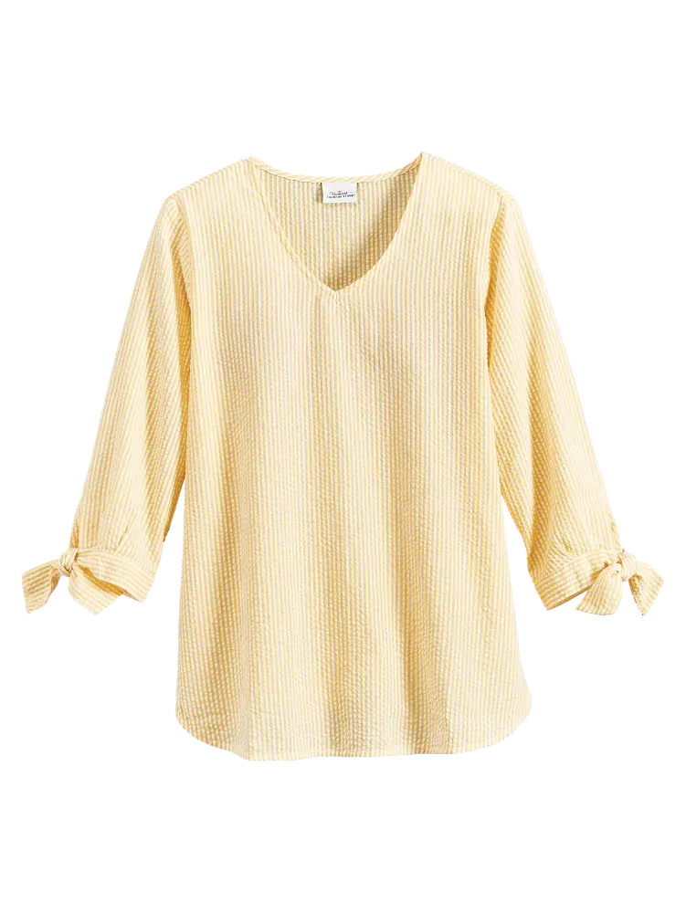 Seersucker Tunic Top With Tie Cuffs