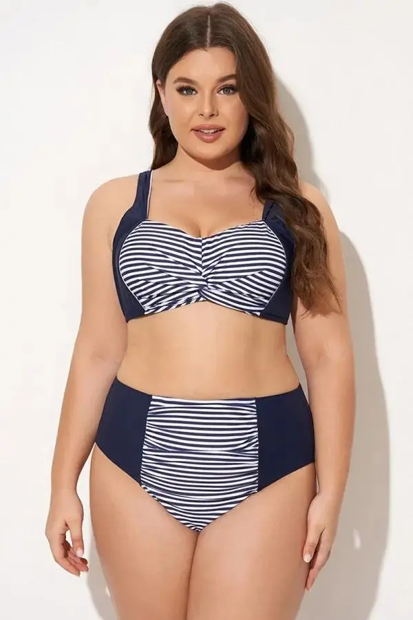 Navy Striped Twist-Front Bikini Top