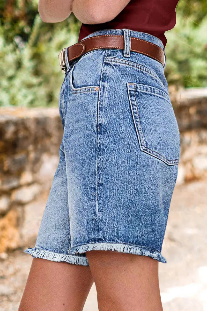 Wash Raw Hem Mid Thigh Denim Shorts Without Belt