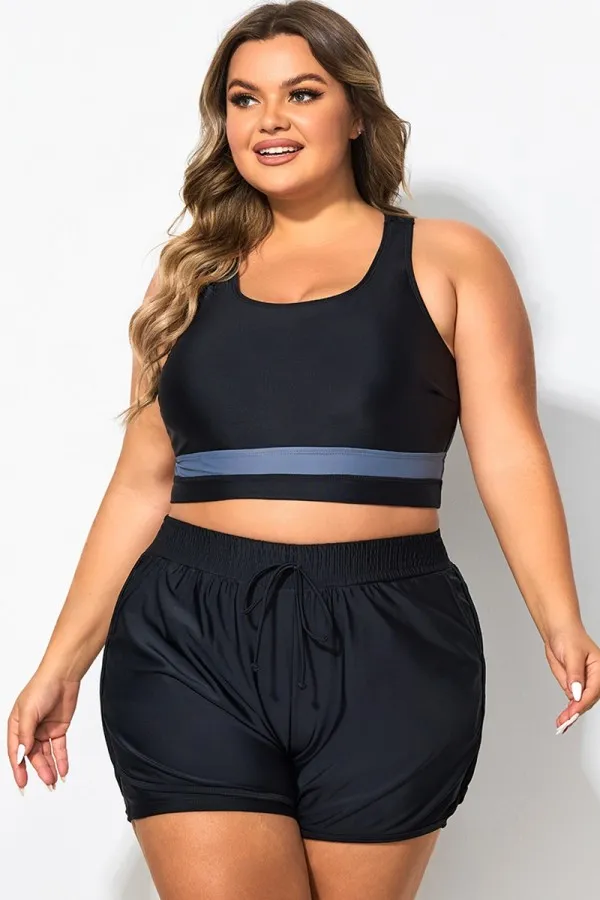 Plus Size Round Neck Black Patchwork Bikini Top