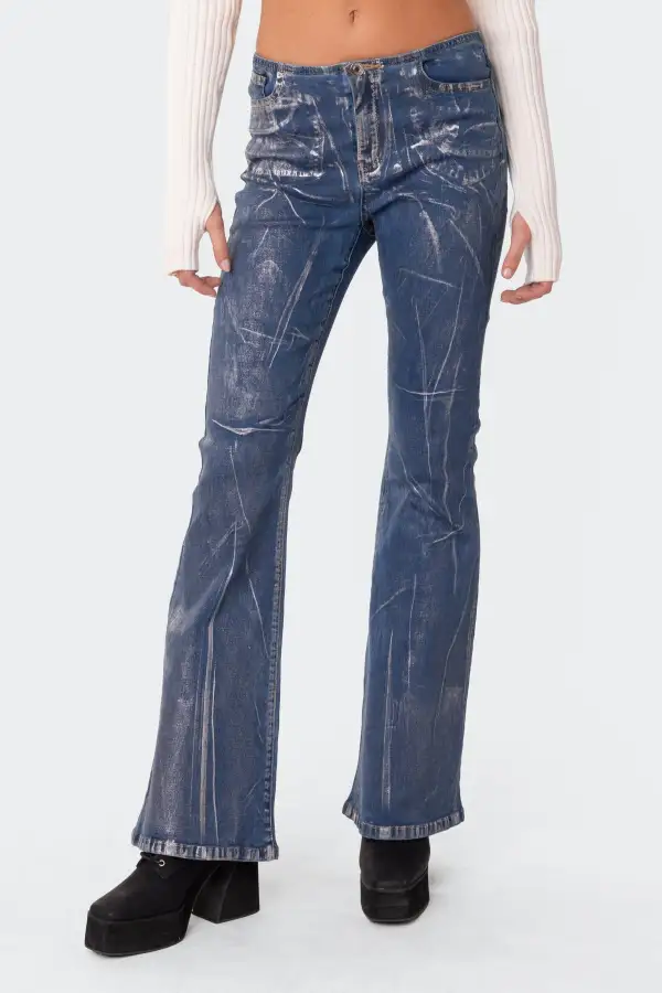 Metallic Coated Low Rise Flared Jeans