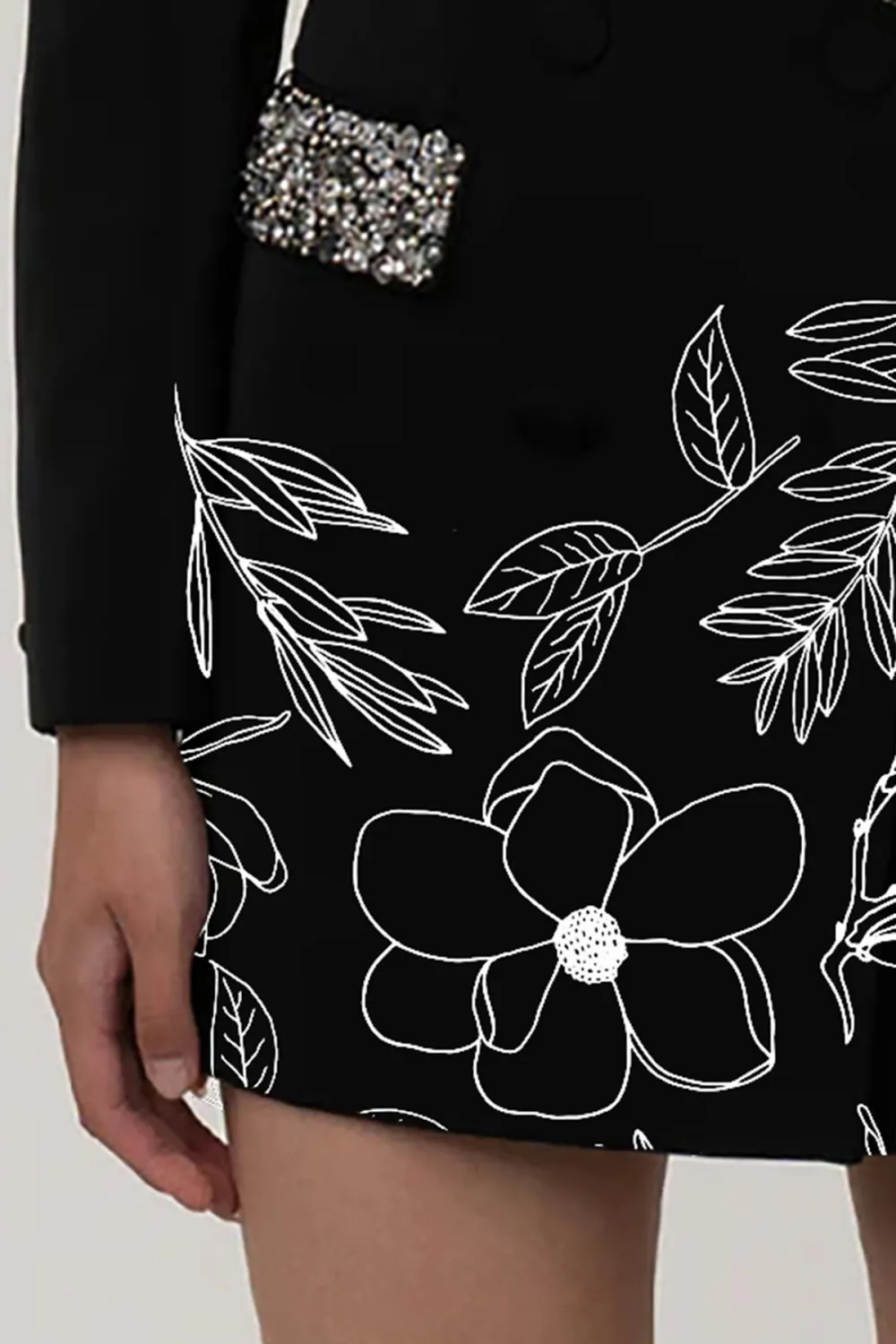 Sparkly Rhinestone Notch Lapel Double Breasted Cinched Waist Long Blazer