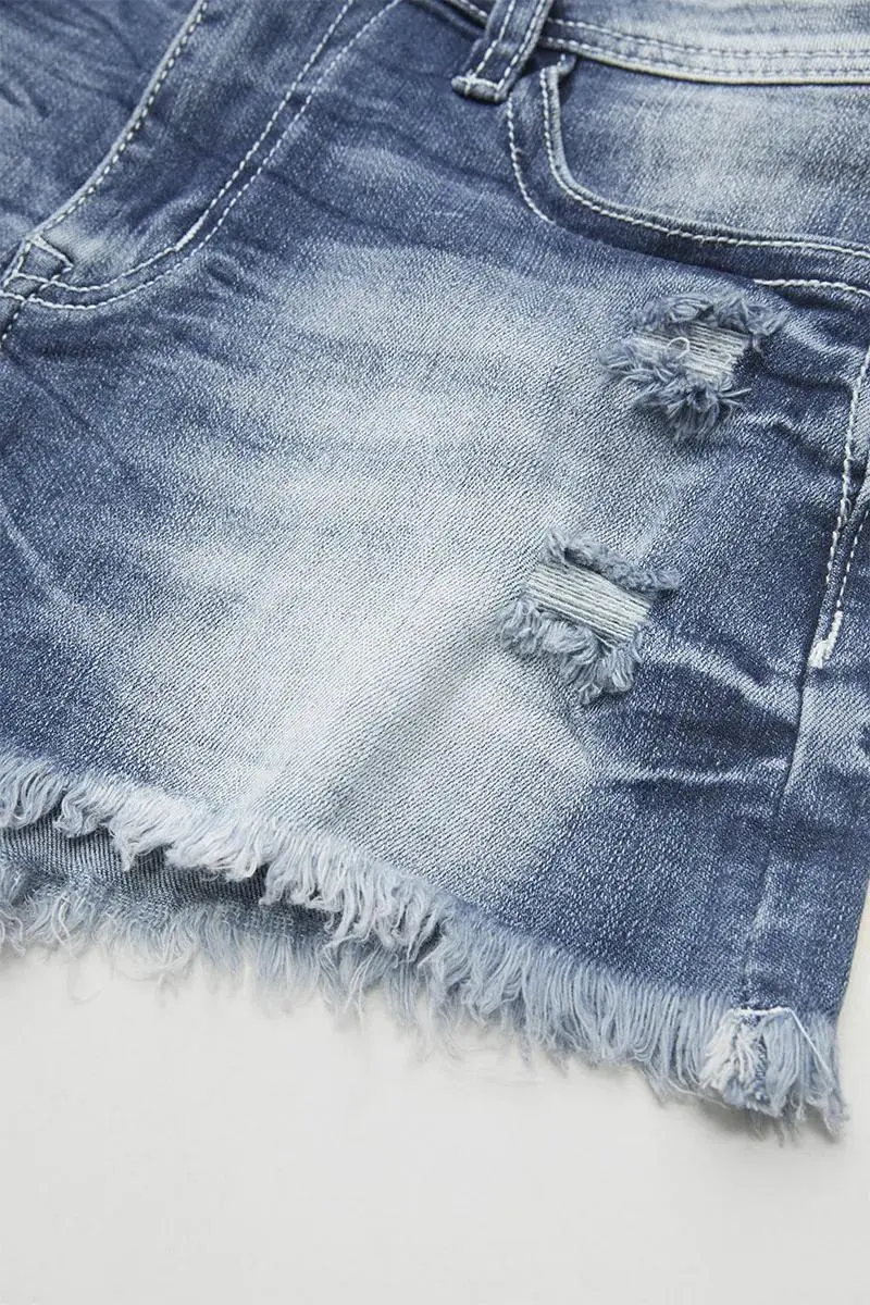 Star Embroidered Raw Hem Mid Rise Denim Shorts