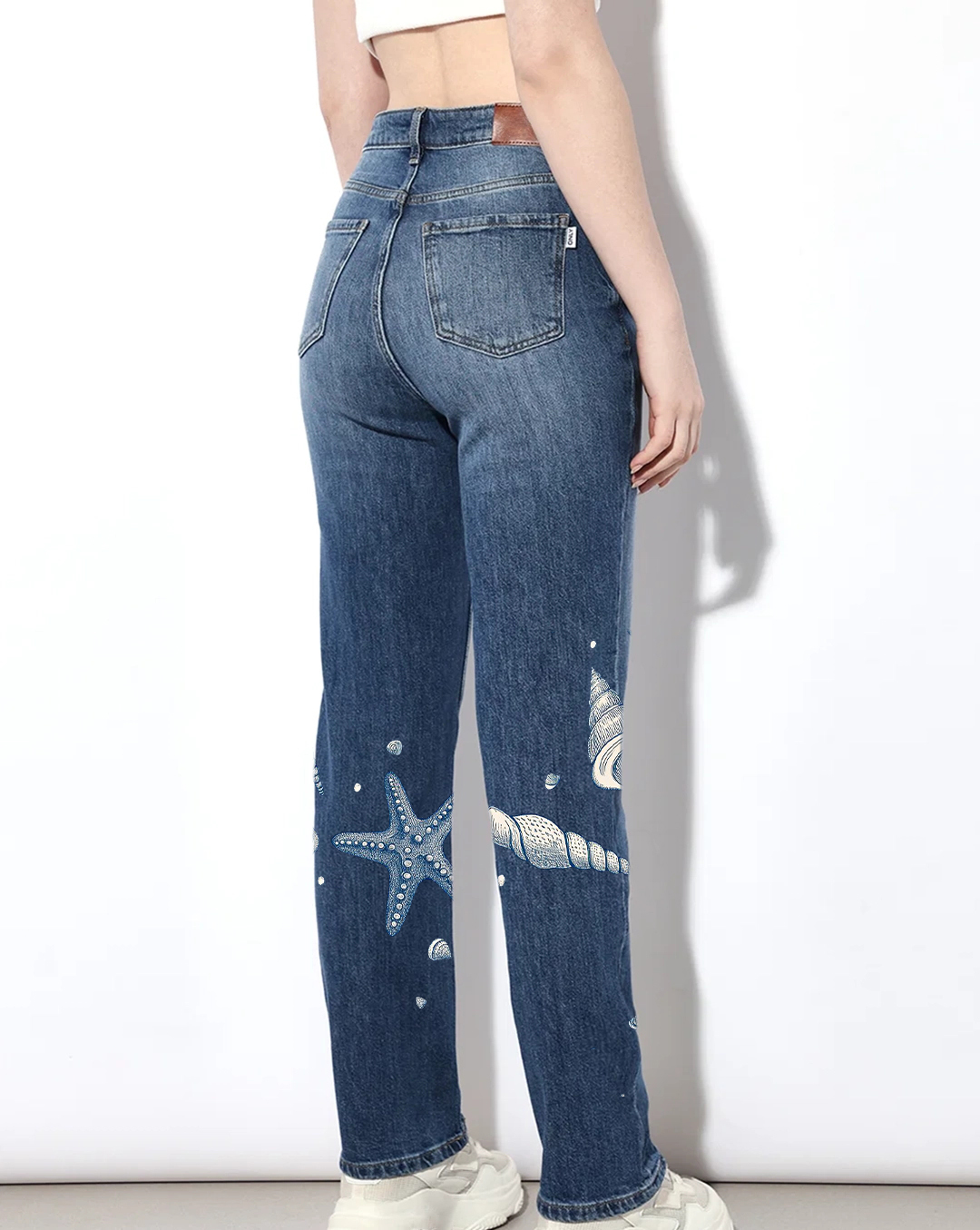 Blue High Rise Straight Fit Jeans with Shell Print
