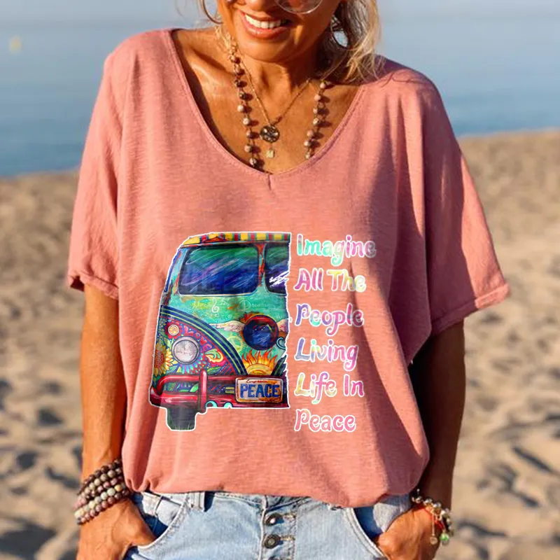 Hippie Imagine All The People Living Life In The Peace Graphic Tees