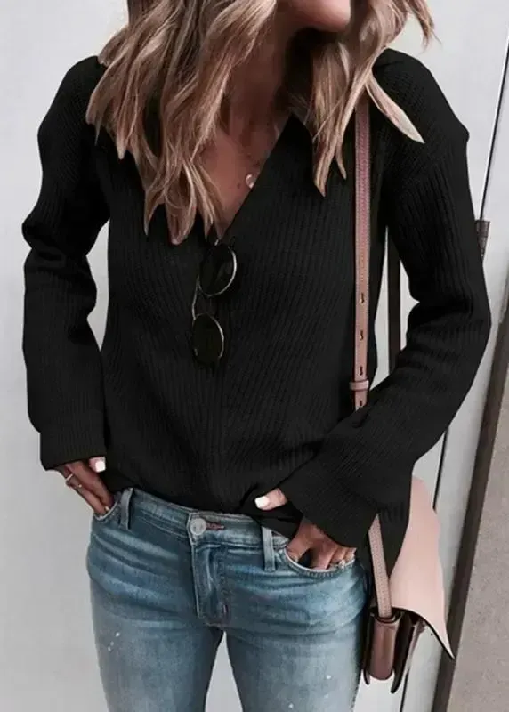 V-neck Solid Long Sleeve Sweater