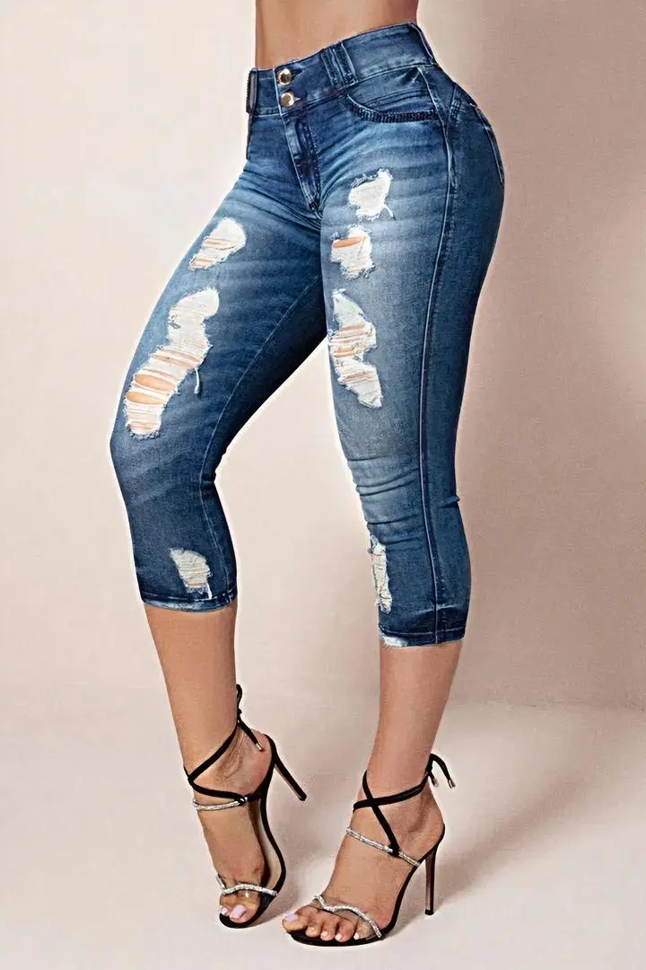 Wash Ripped Double Button High Rise Capri Jeans