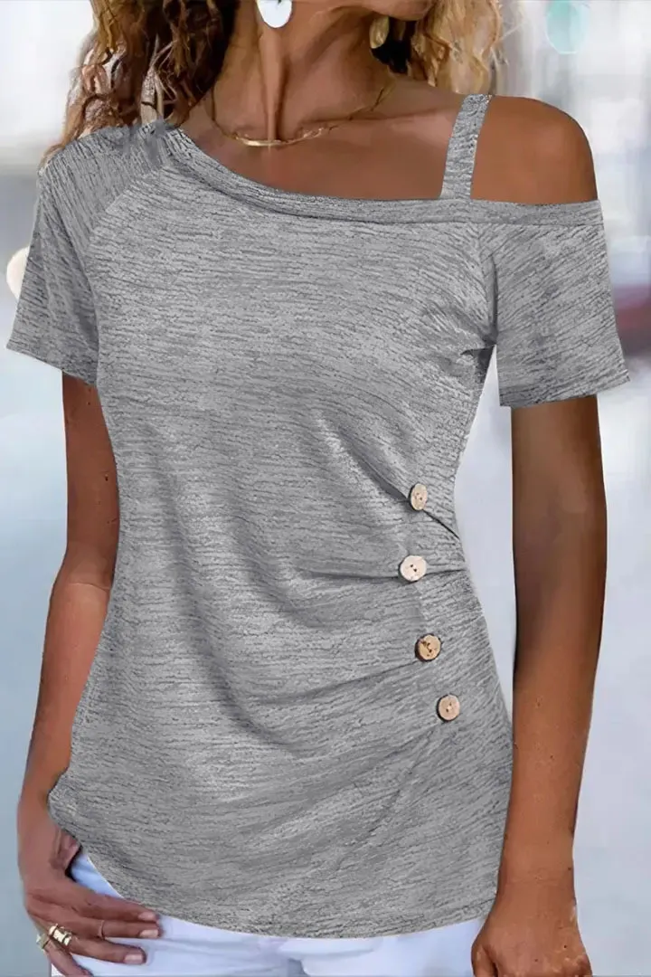 Solid Pleated Button Decor Asymmetrical Neck T-Shirt