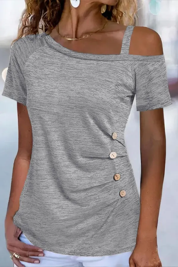 Solid Pleated Button Decor Asymmetrical Neck T-Shirt