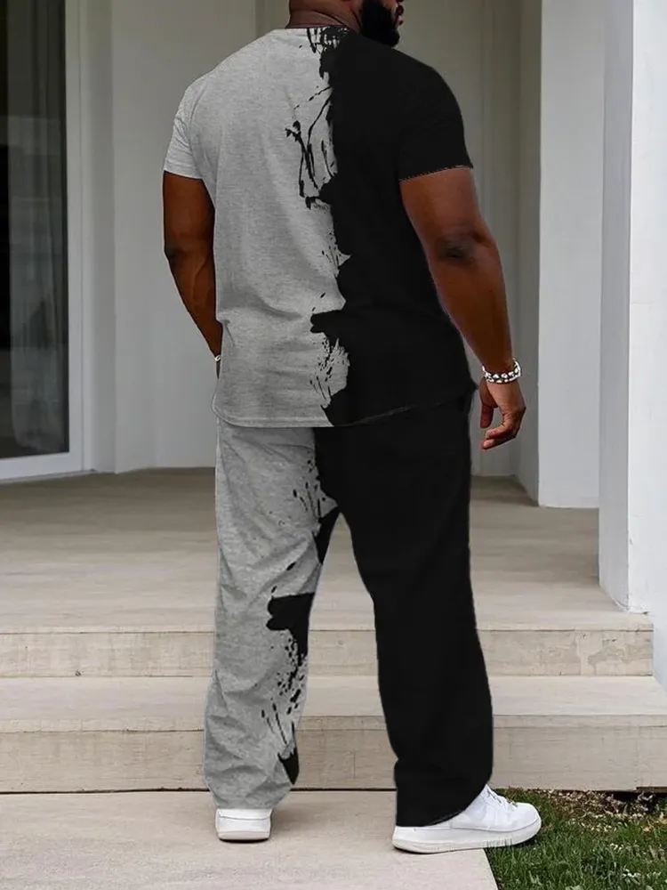 Men'S Big  Tall Street Fashion Black Ink-Throwing Small Label Printed Short-Sleeved T-Shirt Trousers Set
