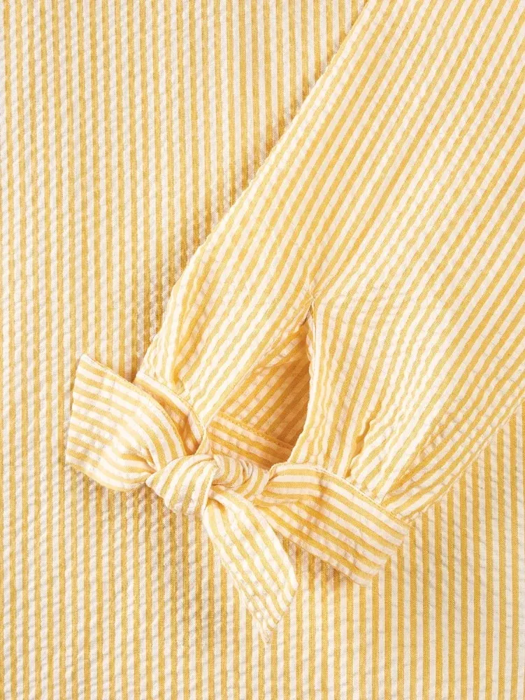 Seersucker Tunic Top With Tie Cuffs
