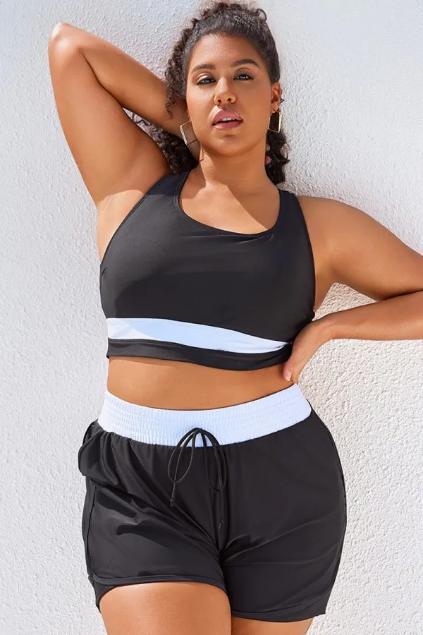 Round Neck Black & White Patchwork Bikini Top