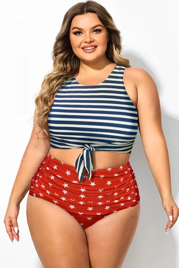 Blue & White Striped Knotted Crop Bikini Top