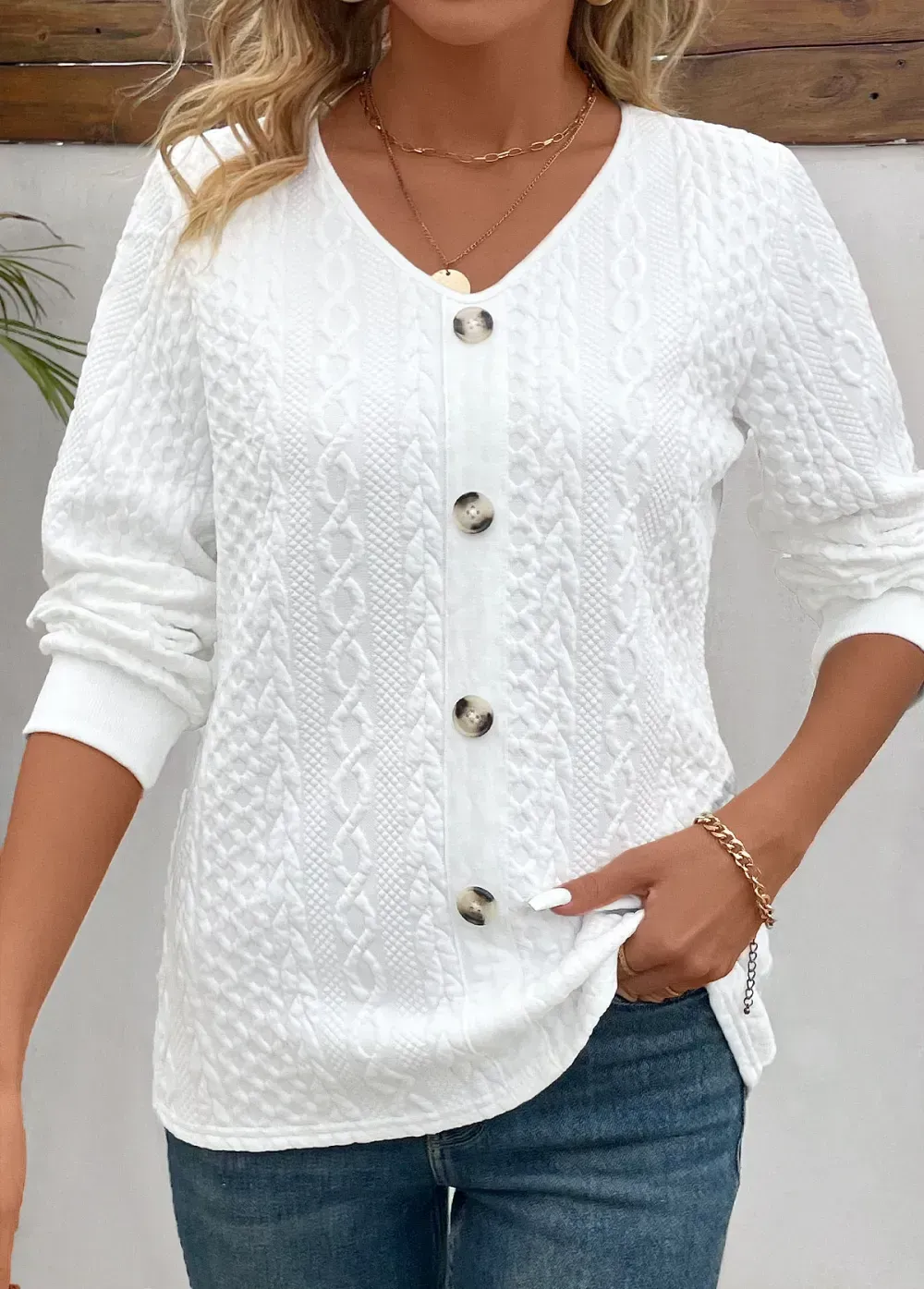 White Button Long Sleeve V Neck Sweatshirt