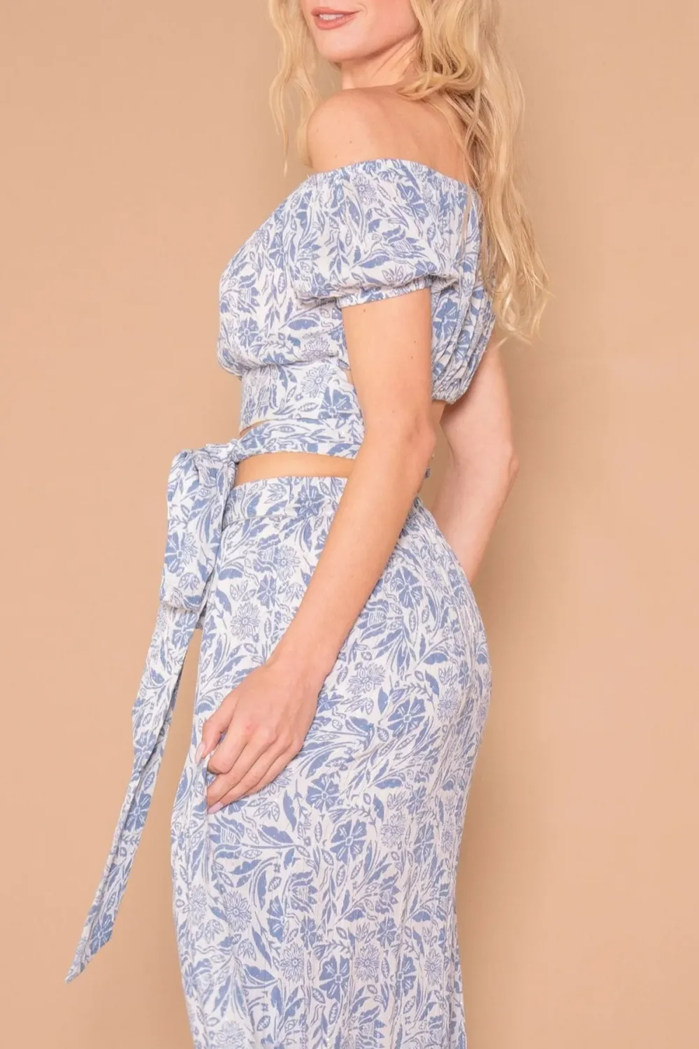 Light Blue and White Print Off Shoulder Crop Top