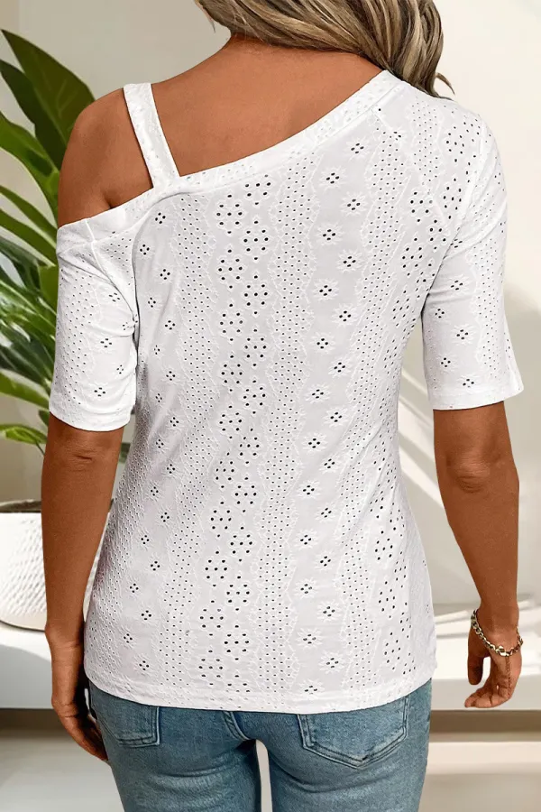 Solid Eyelet Embroidery Button Decor Asymmetrical Neck T-Shirt