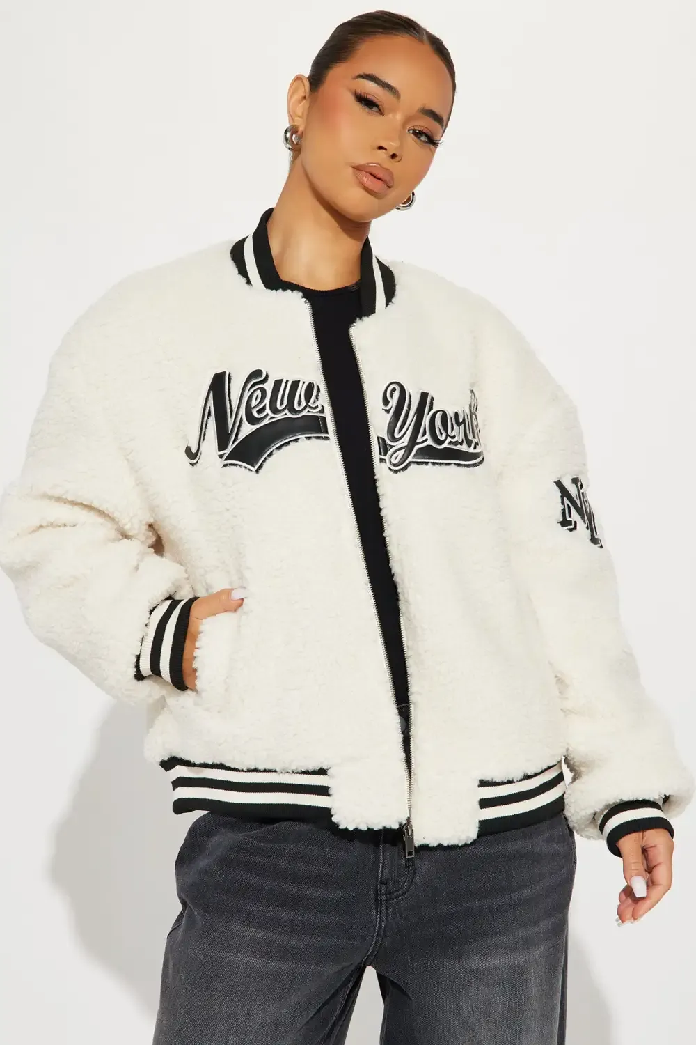 I Love New York Sherpa Bomber Jacket - Cream/combo