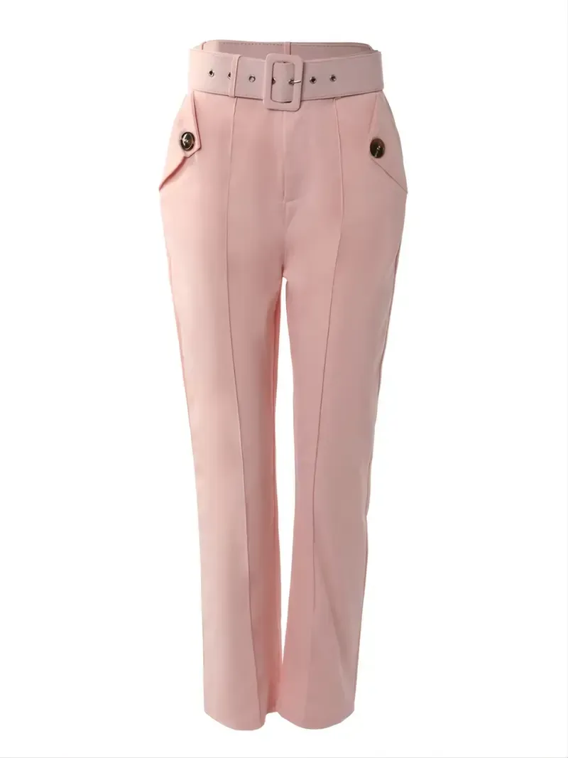 Skinny Leggings Pants - Solid Belted, Slant Pocket Button, Casual Every Day - Women's Clothing