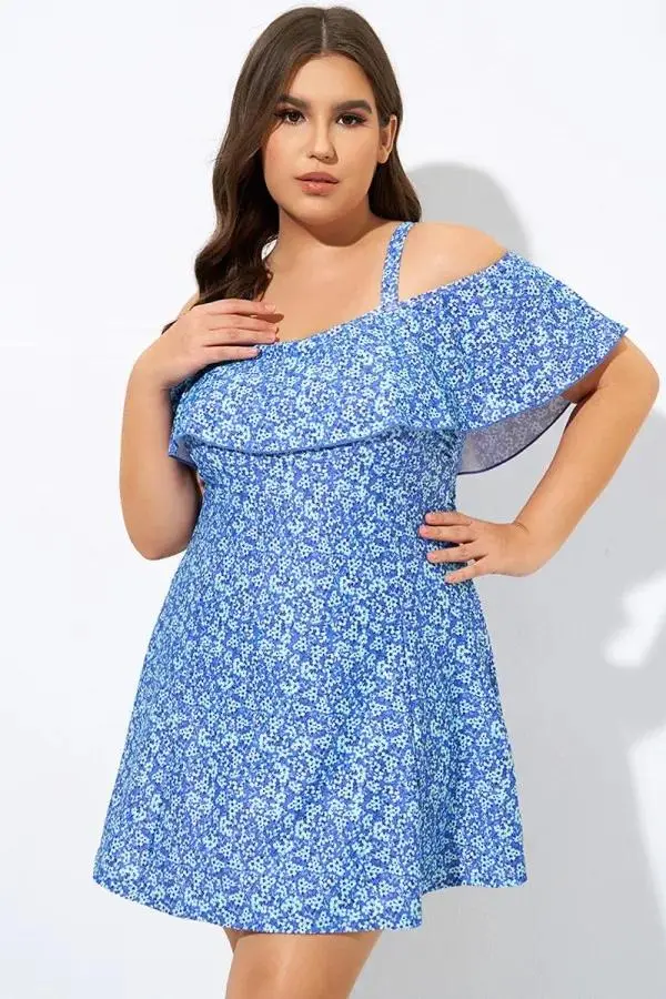 Floral Ruffle Cold Shoulder Women Swimdress