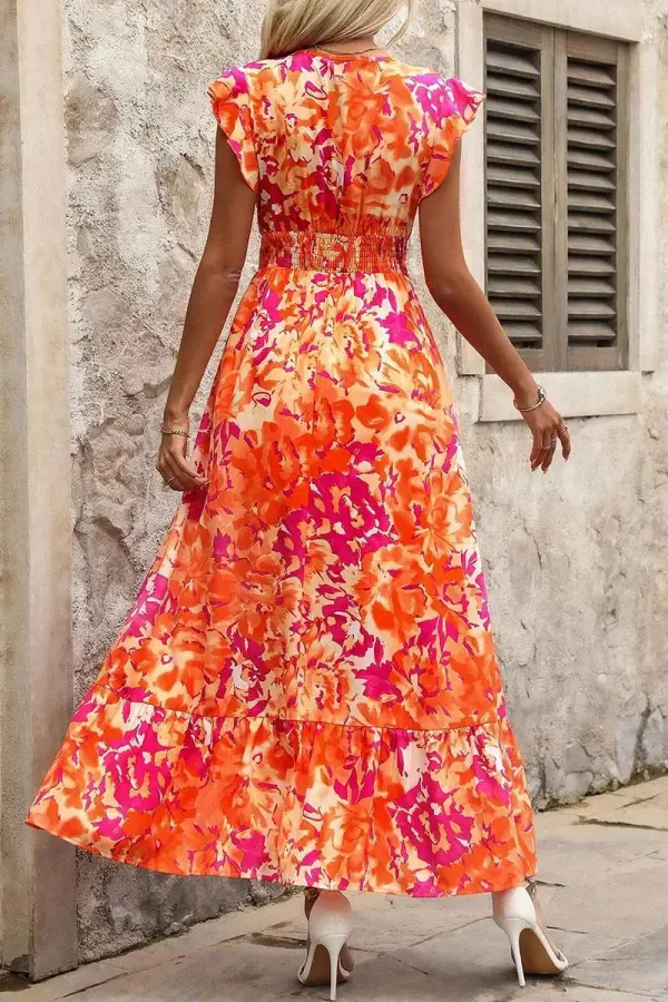 Floral Print Smocked Ruffle Sleeve V Neck Maxi Dress