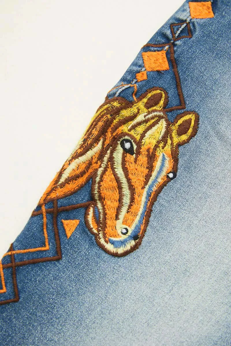 Horse Embroidery High Waist Bootcut Jeans Without Belt