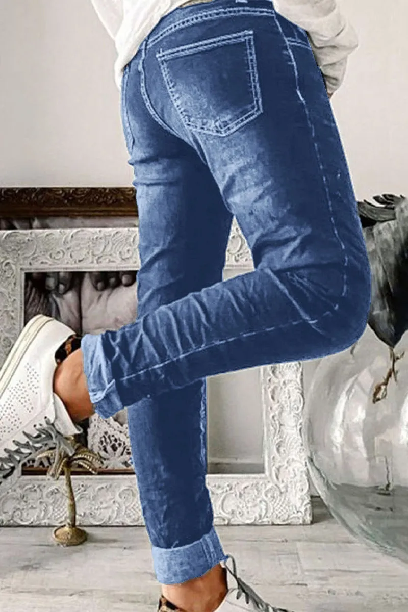 Button Up Roll Hem Low Waist Straight Leg Jeans