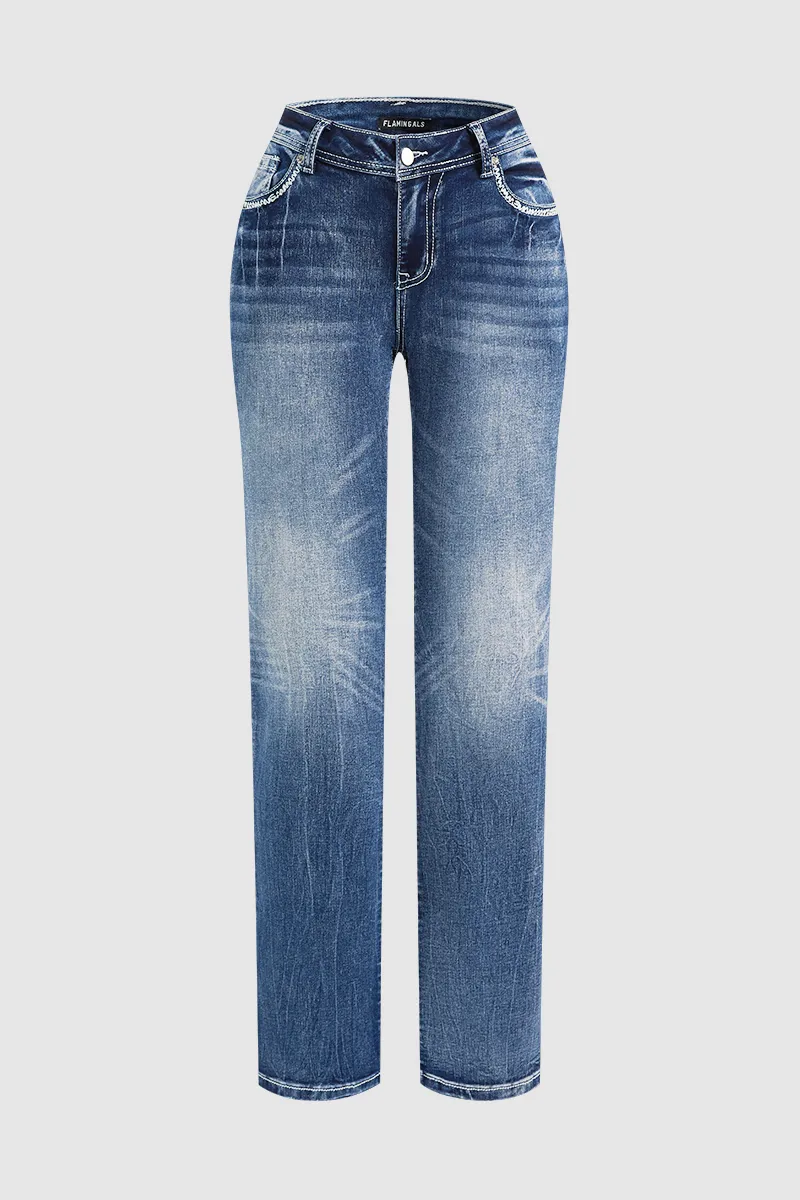Wash Stitch Detail Mid Rise Straight Leg Jeans