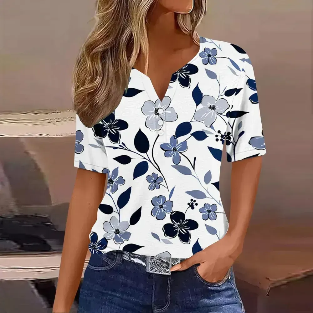Shirts for Women Casual Printed Summer Tops Short-Sleeved Button V-Neck Tops Blouse Fashion Boho T-Shirts