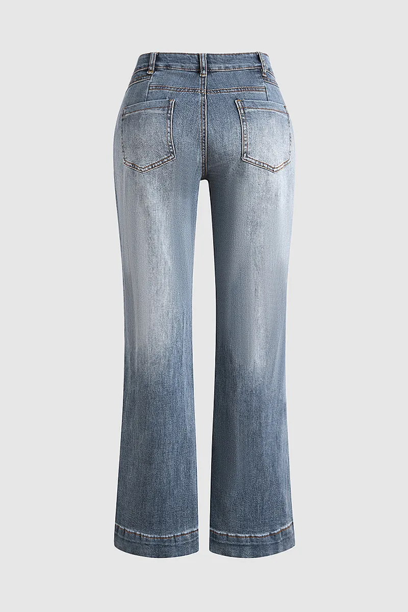 Washed Pocket Detail Low Rise Flare Jeans Without Belt