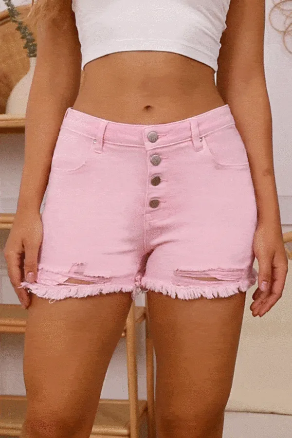 Solid Ripped Raw Hem Button Fly Mid Rise Denim Shorts