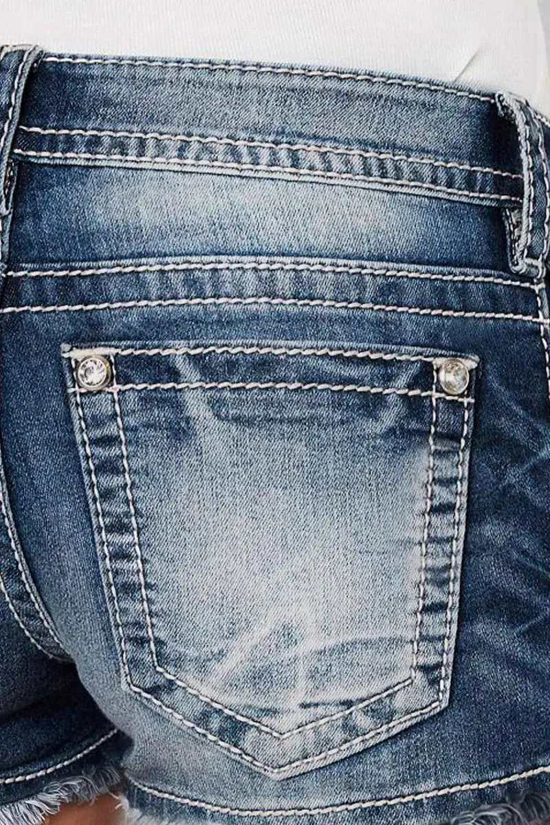 Criss Cross Raw Hem Low Waist Denim Shorts
