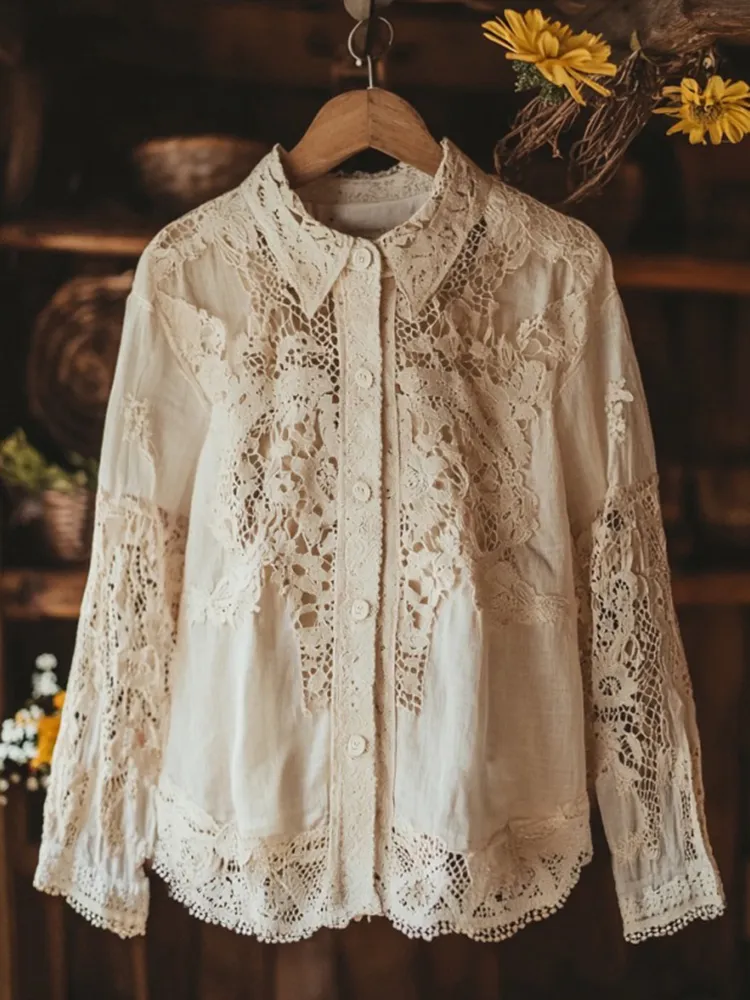 Women's Retro Lace Embroidery Art Lapel Shirt