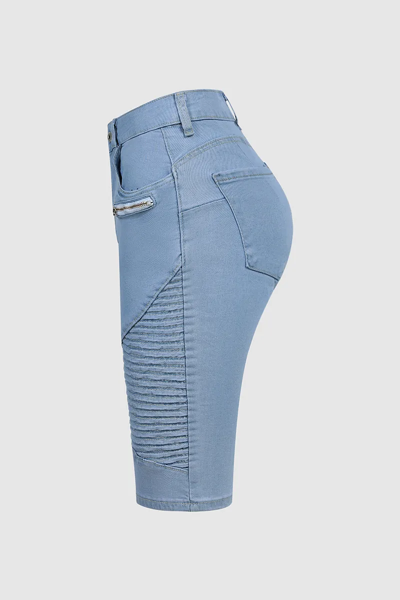 Wash Zip Design Mid Waist Denim Bermuda Shorts