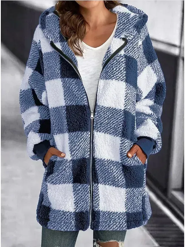 Women's Fleece Jacket Fleece Basic Pocket Zip Up Black Light Green Red Plaid Street Casual Hoodie Long Sleeve Top Micro-elastic Fall & Winter