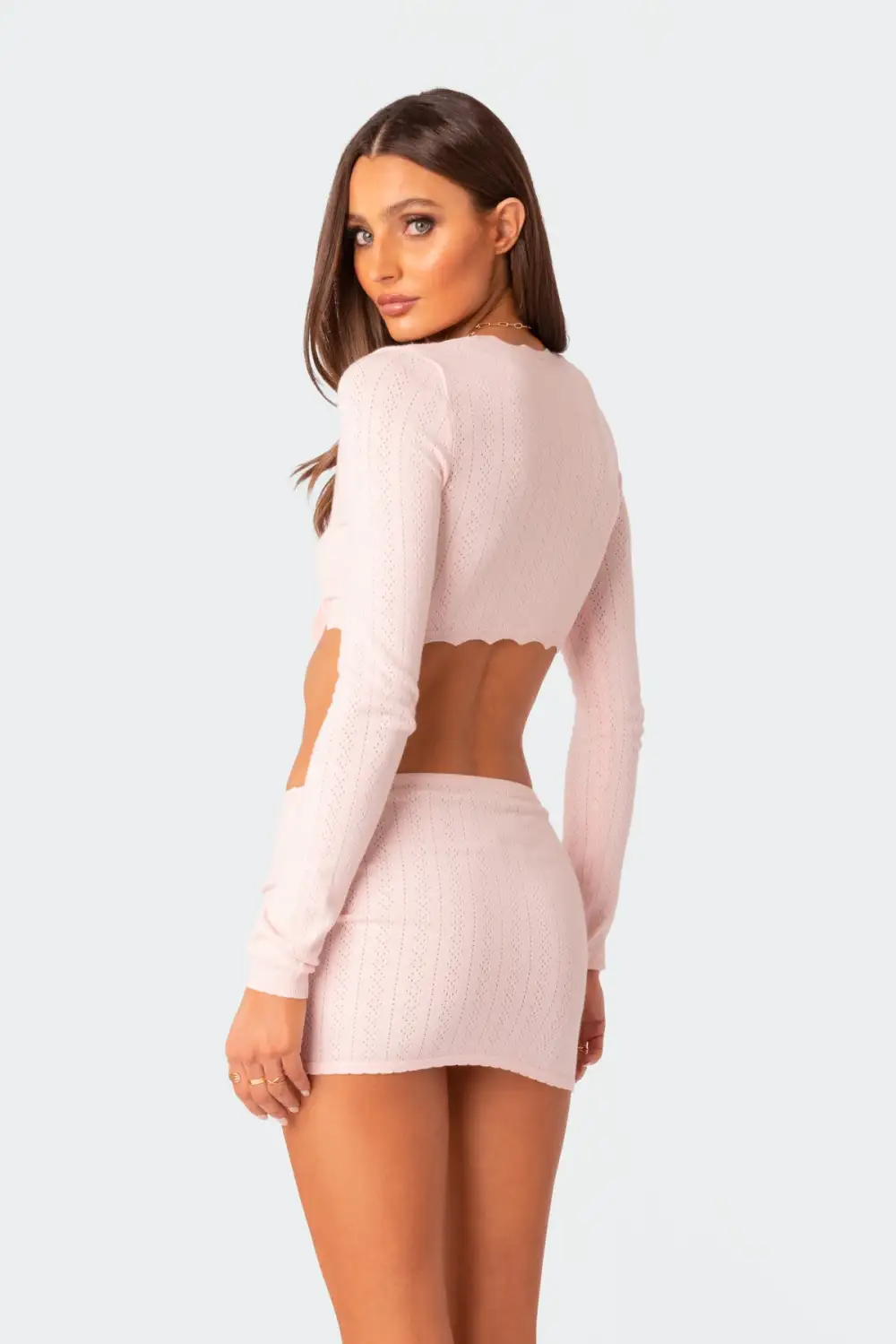 Pointelle Tie Front Knit Crop Top