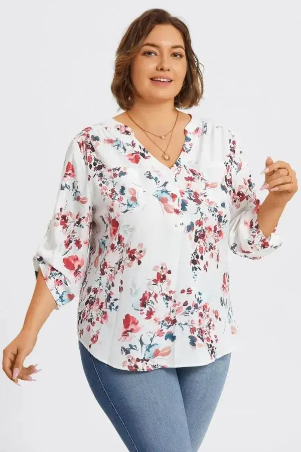 V-Neck Floral Print Pullover 3/4 Sleeve Blouse