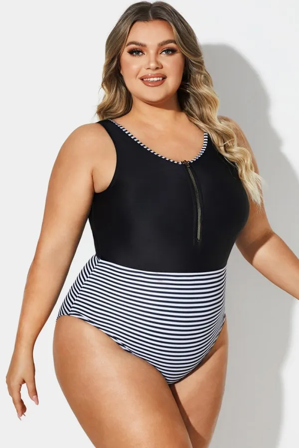 Black & White Striped Front Zip One Piece Swimsuit