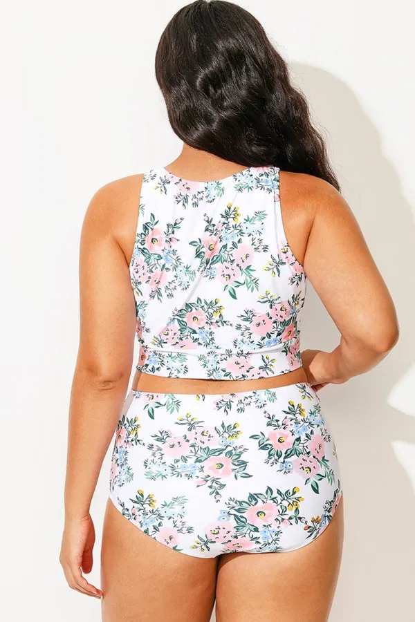 Plus Size Floral Print Knotted Crop Bikini Top