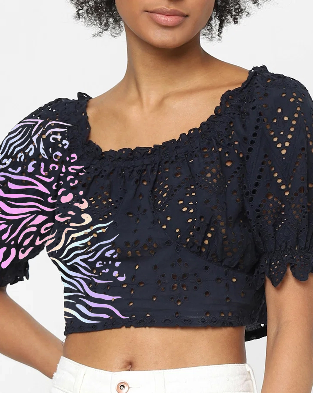 Navy Blue Zebra Print Eyelet Short Sleeve Cropped Top